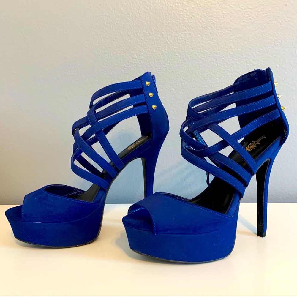 Blue Suede Strappy Platform Stilettos w/ Gold Stud